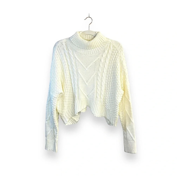 Ivory Chunky Cable Knit Cropped Zig Zag Hem Turtleneck Crochet Sweater Size M - Picture 7 of 15
